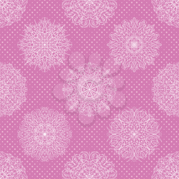 Abstract seamless background with symbolical floral white patterns and circles on pink. Vector