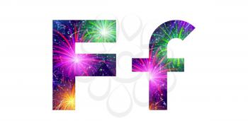Set of English letters signs uppercase and lowercase F, stylized colorful holiday firework with stars and flares, elements for web design. Eps10, contains transparencies. Vector