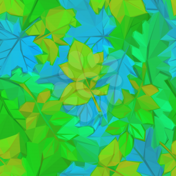 Background with Summer Leaves of Plants over the Blue Sky, Polygonal Low Poly Design. Vector