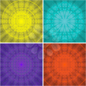 Set of variegated abstract backgrounds with patterns of curves and rays. Vector