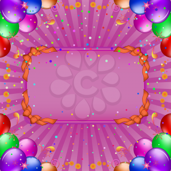 Frame, coloured balloons and confetti on lilac background with beams