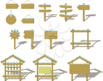 Set of Wood Board Billboards and Signs Under Winter Snow. Vector