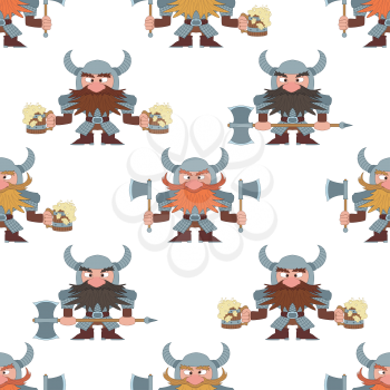 Seamless background. Dwarfs warriors in armor standing with beer mugs and axes, funny comic cartoon characters. Vector