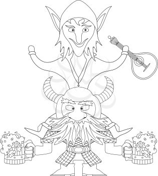 Drunken friends, fantasy heroes celebrating a successful campaign. Dwarf with beer mugs and elf sitting on dwarf with mandolin, funny comic cartoon characters, black contour. Vector