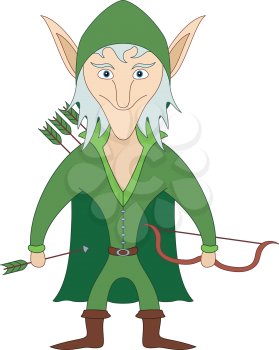 Elf archer standing with bow and arrows and smiling, funny comic cartoon character. Vector