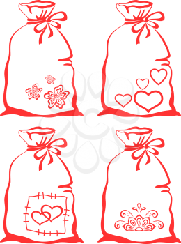 Valentine love symbols on bags, pictogram set, isolated