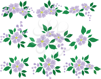 Set of abstract lilac flowers with green leaves, symbolic design elements. Vector