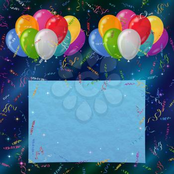 Holiday background for web design with colorful balloons, sheet of paper and serpentine on abstract space with dark blue sky and stars. Eps10, contains transparencies. Vector
