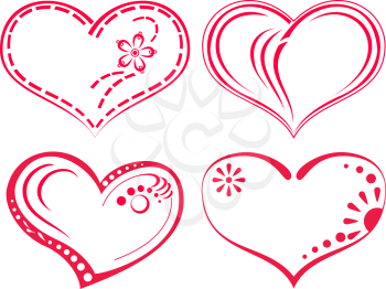 Valentine red hearts set, symbol of love, pictograms with abstract patterns. Vector