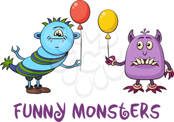Set of Cute Different Cartoon Monsters, Colorful Characters with Toy Balloon, Elements for your Design, Prints and Banners, Isolated on White Background. Vector