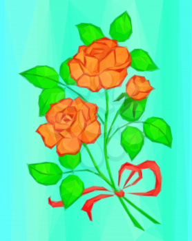 Holiday Background, Flowers, Red and Orange Rose Bouquet with Green Leaves and Red Bow, Love Symbol, Low Poly Illustration. Vector