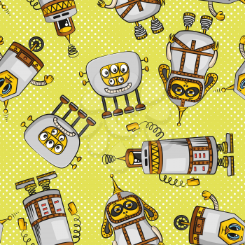 Seamless Background for Your Design with Different Cartoon Robots, Colorful Tile Pattern with Cute Funny Characters. Vector