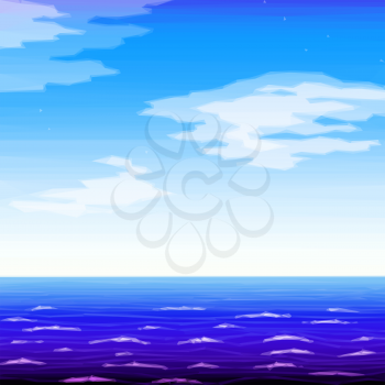 Landscape Background, Sea and Blue Sky with White Clouds. Low Poly Illustration. Vector