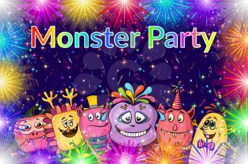 Background for Your Holiday Party Design with Different Cartoon Monsters, Colorful Illustration with Cute Funny Characters and Bright Fireworks. Eps10, Contains Transparencies. Vector