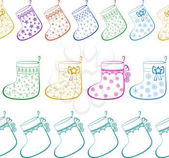 Christmas Stockings for Gifts Decorated with Different Colorful Patterns, Seamless Background, Symbol Pictograms. Vector
