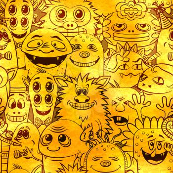 Seamless Background for your Design with Different Cartoon Contour Monsters, Tile Pattern with Cute Funny Characters, Visible Through the Monotone Yellow Color Filter. Vector