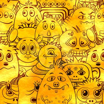 Seamless Background for your Design with Different Cartoon Contour Monsters, Tile Pattern with Cute Funny Characters, Visible Through the Monotone Yellow Color Filter. Eps10 Vector