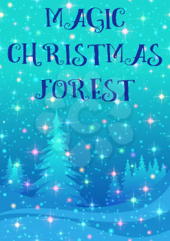 Christmas Fairy Landscape, Background for Holiday Design, Winter Forest with Fir Trees, Green Snow and Sky, Sparks and Confetti. Eps10, Contains Transparencies. Vector