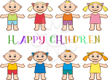 Cartoon People, Set of Happy Children, Funny Little Boys and Girls in Colorful Clothes, Standing with Arms Wide Open and Smiling, Isolated on White Background. Vector