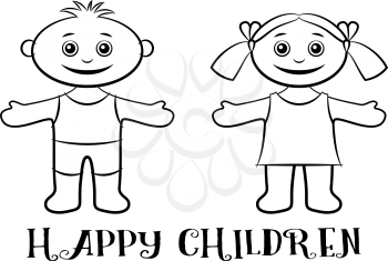 Cartoon People, Set of Happy Children, Funny Little Boy and Girl, Standing with Arms Wide Open and Smiling, Black Contour Isolated on White Background. Vector