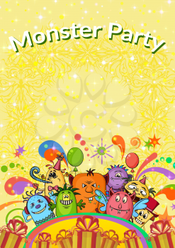 Background for Your Holiday Party Design with Different Cartoon Monsters, Colorful Illustration with Cute Funny Characters, Boxes, Patterns, Sparks and Confetti. Eps10, Contains Transparencies. Vector