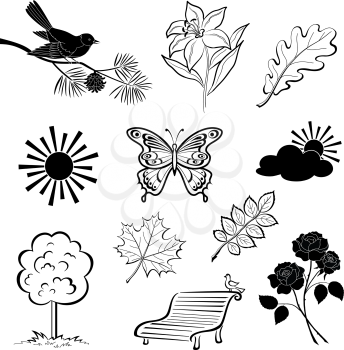 Set of various summer nature objects, black silhouettes isolated on white background. Vector