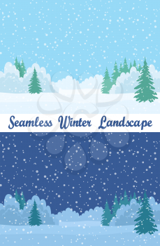 Set of Christmas Horizontal Seamless Background Landscapes, Day and Night Winter Forest with White Snow, Fir Trees and Blue Sky. Eps10, Contains Transparencies. Vector