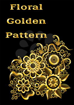 Abstract Background with Symbolical Gold Floral Patterns, Shining Colorful Ornament, Flowers and Leaves on Black. Eps10, Contains Transparencies. Vector