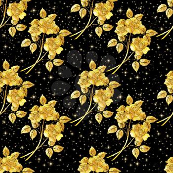 Seamless Floral Background, Golden Shiny Flowers Roses on Black Background. Eps10, Contains Transparencies. Vector