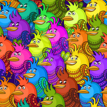Seamless Background with Funny Colorful Birds, Cute Cartoon Characters of Different Colors and Moods, Sad, Angry, Cheerful and Insidious, Tile Pattern for your Design. Vector
