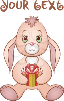 Cartoon Funny Rabbit, Cute Little Bunny, Siting with Gift Box in Paws, Holiday Symbol, Isolated on White Background. Vector