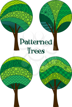 Set of Abstract Green Patterned Forest Trees, Elements for your Design, Isolated on White Background. Vector