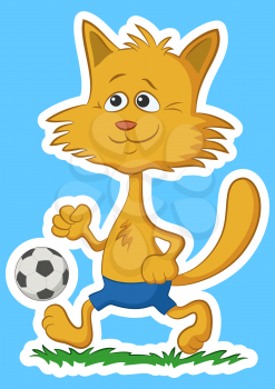 Cartoon Red Cat, Funny Pet, Smiling and Walking with a Soccer Ball, Isolated on White and Blue Background. Vector