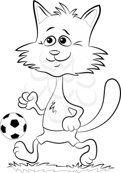 Cartoon Cat, Funny Pet, Smiling and Walking with a Soccer Ball, Black Contour Illustration Isolated on White Background. Vector