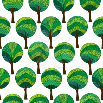Seamless Background with Abstract Green Patterned Forest Trees, Isolated on White. Tile Pattern for Your Design. Vector