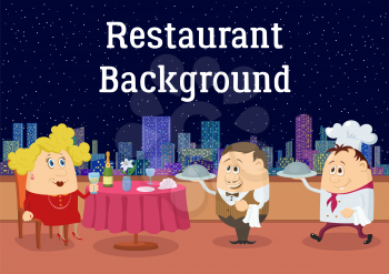 Respectable Fat Lady in Red, Sitting Behind Table While Waiter and Cook Brings Her Dishes in Open-Air Restaurant with View on Night City. Cartoon Background. Eps10, Contains Transparencies. Vector