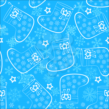 Seamless Background with Decorated Pictogram Christmas Stockings for Gifts and Snowflakes on Blue Tile Pattern. Vector