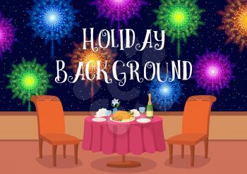 Restaurant in Open Air with Table and Festive Food Under Night Sky with Colorful Holiday Fireworks, Cartoon Background Illustration for Your Design. Eps10, Contains Transparencies. Vector