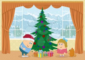 Cheerful Children, boy, girl and dog finding gift boxes under fir tree in room with view on mountains and snowy sky, Christmas holiday background illustration, funny cartoon characters. Eps10, contains transparencies. Vector