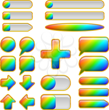 Set of glass buttons of different forms, all colors of the rainbow, elements for web design. Vector eps10, contains transparencies