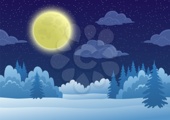 Cartoon Background, Night Landscape with Snow Winter Forest, Starry Sky, White Clouds and Big Bright Moon. Vector