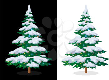 Green Christmas Fir Tree with Snow and Bright Colourful Magic Stars, Holiday Winter Symbol, Isolated on White and Black Background. Eps10, Contains Transparencies. Vector