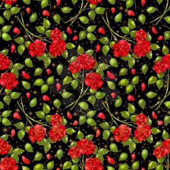 Seamless Background with Red Roses and Green Leaves, Pretty Flowers and Golden Shiny Sparks on Black, Tile Floral Pattern for Your Holiday Design. Eps10, Contains Transparencies. Vector