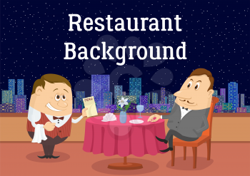 Respectable Man Sitting Near Table While Waiter Gives Him Menu in Open-Air Restaurant with View on Night Sky and City. Cartoon Background for Your Design. Eps10, Contains Transparencies. Vector