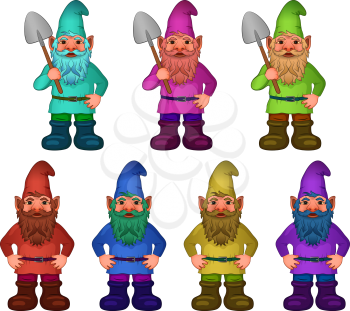 Set of Cartoon Garden Gnomes, Funny Fairy Characters, Old Bearded Dwarfs with Spades in Colorful Clothes, Caps and Big Boots, Isolated on White. Vector