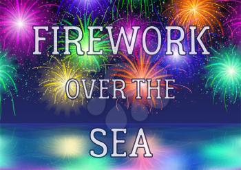 Horizontal Seamless Landscape Background, Night Tile Seascape, Silent Sea and Dark Blue Sky with Fireworks, Colorful Holiday Illustration for Your Design. Eps10, Contains Transparencies. Vector