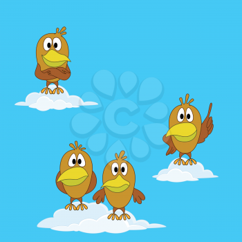Birds chickens on white clouds in blue sky. Various characters - self-confident, modest, resourceful, lost. Vector