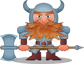 Dwarf, Redhead Warrior in Armor and Helmet Standing with Battle Ax, Funny Comic Cartoon Character. Vector