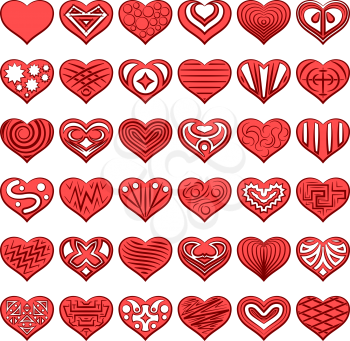 Set of Red Valentine Hearts with Abstract Black and White Patterns, Holiday Symbols of Love. Vector