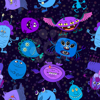 Seamless Background for Your Design with Cartoon Swimming Monsters, Sea Creatures, Tile Pattern with Cute Funny Characters. Vector
